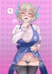 absurdres black_panties black_pantyhose blush breasts clothes_lift commentary_request cum cum_on_body dress female female_only glasses grey_hair headphones heart highres large_breasts licking long_sleeves looking_at_viewer open_mouth original panties pantyhose red_eyes see-through_cleavage see-through_clothes sharekoube shirt short_hair solo tongue tongue_out underwear white_dress white_shirt