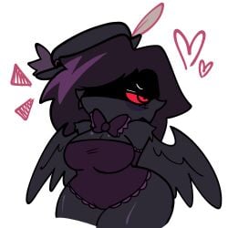 black_body black_hair breasts cute feathers hat lace lingerie original_character red_sclera requested someone_else's_oc tr3ebranch wings