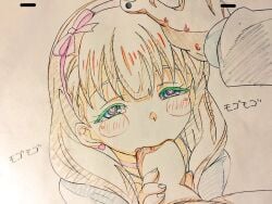 1boy blue_eyes blush breasts brown_hair choker dress earrings erection fellatio female hairband handjob hashtag-only_commentary heart heart-shaped_pupils heart_earrings idolmaster idolmaster_cinderella_girls jewelry long_sleeves medium_breasts necklace oral penis sakuma_mayu sharekoube short_hair straight symbol-shaped_pupils traditional_media