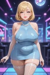 ai_generated bangs belly_button_visible_through_clothing belly_fat belly_folds blonde_hair blue_eyes blurry_background chubby club club_background clubbing dress earrings erect_nipples_under_clothes eyebrows_visible_through_hair eyelashes female fishnet_gloves fishnet_stockings hair_over_one_eye hoop_earrings lace_stockings lipstick milf minidress mommy neon_lights nightclub nipple_bulge pearl_necklace rgomez007 seductive_smile sexy_dress short_hair sideboob skindentation solo_female stable_diffusion thick_lips thick_thighs tight_clothing tight_dress wide_hips