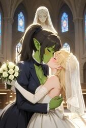 2girls ai_generated blonde_hair bouquet bridal_veil church dark_brown_hair female/female female_only freckles freckles_on_breasts freckles_on_face fully_clothed_female goblin_female hair_band happy human_female kissing large_breasts long_hair lovers married_couple monster/human monster_girl pointy_ears ponytail romantic smiling stained_glass_window statue suit_jacket tagme video wedding wedding_dress white_gloves wholesome yellow_eyes yuri