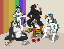 2024 animal_genitalia anthro balls bernese_mountain_dog black_body black_fur blue_body blue_eyes blue_fur blue_hair brown_body brown_fur canid canine canis chair closed_eyes clothing conradhusky cuff_(restraint) detailed_background domestic_dog exclamation_point flower flower_crown footprint fully_sheathed fur furniture genitals green_body green_fur green_hair grey_body grey_fur group hair hand_print handcuffs harness harness_only hi_res husky jewelry jockstrap labradorszn lgbt_pride lucas_(lucasreturns) male male_anthro mammal metal_cuffs molosser mountain_dog muscular muscular_anthro muscular_male necklace necklace_only nipples nordic_sled_dog nude nude_anthro nude_male overweight overweight_anthro overweight_male pawprint penis penis_tip pink_penis plant pride_colors restraints sheath sitting smile spitz standing swiss_mountain_dog tail teeth underwear white_body white_fur wolf