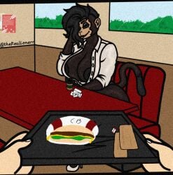 bedroom_eyes big_ass big_breasts black_fur brown_fur green_eyes high_heels milf monkey office_clothing office_lady primate public_nudity restaurant thereallonerr thick_thighs