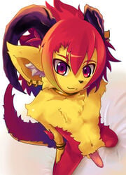 demon foreshortening fur furry hair horn kneeling latte_(artist) looking_at_viewer male penis red_hair smile yellow_fur