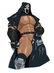 1boy 2017 abs bara blizzard_entertainment bulge bulge_grab cape chesschirebacon clothed clothing crotch dark-skinned_male dark_skin gloved gloves groping holding_bulge hood huge_bulge huge_pecs human human_only long_gloves male male_chest male_nipples male_only mask masked muscle muscles muscular muscular_male nipples overwatch overwatch_2 pecs penis_under_clothes reaper shiny_skin simple_background six_pack solo toned toned_body toned_male uncensored undressing white_background