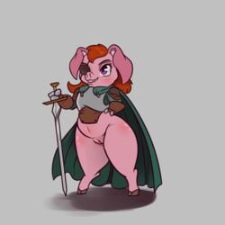 alorix armor bottomless clothed clothing eye_patch eyewear female hair knight lady_o'lexxi mammal melee_weapon missing_tail pig porcine pussy red_hair swine sword weapon