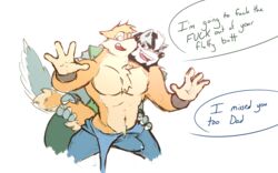 age_difference armpits bulge canine dialogue erection father father_and_son incest male mammal muscular son unknown_artist wolf wuffle wuffle's_dad yaoi