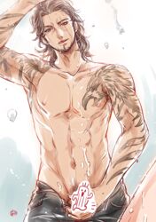 1boy abs censored cum ejaculation final_fantasy final_fantasy_xv gladiolus_amicitia ignis_scientia licking_lips looking_at_viewer male_only muscle orgasm penis_grab pov tattoo tongue topless yaoi