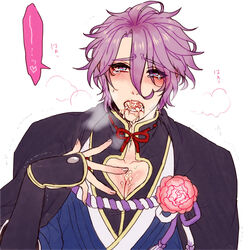 1boy bishonen blush cum cum_in_mouth kasen_kanesada looking_at_viewer male_only open_mouth pecs purple_hair touken_ranbu yaoi