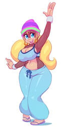 2016 anthro armpits beanie big_breasts bimbo blonde_hair blue_eyes bracelets breasts cleavage clothed clothing crop_top curvy donkey_kong_(series) female flip-flops flip_flops footwear hat hoop_earrings hourglass_figure huge_breasts large_breasts mammal monkey nintendo nitro primate sandals smile solo sweatpants tank_top tied_hair tiny_kong twintails video_games white_background