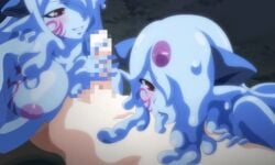 1boy 2017 2girls age_difference anime_screencap ass blue_eyes blue_skin breasts censored dual_persona elvetie erubetie goo_girl group_sex handjob happy large_breasts licking luka_(mon-musu_quest!) mon-musu_quest! monster monster_girl monster_girl_quest multiple_girls ova penis screencap screenshot slime slime_girl smile stitched tattoos tongue wet