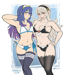 2girls arm_behind_head black_legwear blue_eyes blue_hair blue_legwear blush bow bow_bra bow_panties bra bracelet breasts cleavage corrin_(fire_emblem) corrin_(fire_emblem)_(female) elf eyelashes female_only fire_emblem fire_emblem_awakening fire_emblem_fates frills gradient gradient_hair hairband hand_on_hip heterochromia hourglass_figure long_hair lucina_(fire_emblem) multiple_girls navel nintendo open_mouth panties panty_pull pointy_ears pose purple_hair red_eyes red_hair samanator_club short_hair side-tie_panties silver_hair slit_pupils small_breasts smile thighhighs tiara two_tone_hair underwear