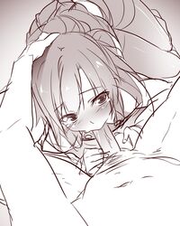 1boy asashio_(kantai_collection) bangs blush caressing_testicles clothed_female_nude_male commentary_request erection eyebrows_visible_through_hair fellatio female from_above greyscale hand_on_another's_head highres kantai_collection long_hair looking_at_viewer monochrome mtu_(orewamuzituda) navel nude oral penis pleated_skirt pov remodel_(kantai_collection) sitting sketch skirt solo_focus tears uncensored yokozuwari