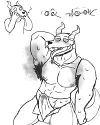 1boy anthro big_muscles cet_(urbanmonster) clothing dragon erection facial_hair hypnosis male male_only mind_control muscular musk nipples open_mouth pecs simple_background smile solo spiral_eyes tongue tongue_out urbanmonster