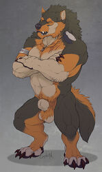 2017 abs animal_genitalia anthro arms_cross balls belly biceps black_nose brown_fur canine claws explicital feathers front_view fully_sheathed fur grey_background jewelry knot licantrox male male_only mammal muscular muscular_male necklace nude orange_eyes pecs pose pubes scar sharp_claws sharp_teeth sheath simple_background solo standing teeth toe_claws