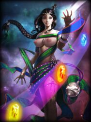 areolae artist_request black_hair braids breasts brown_eyes crystal female lactation large_breasts lips long_braid looking_at_viewer magic nipples nu_wa_(smite) scales smite solo stars tattoo tiara