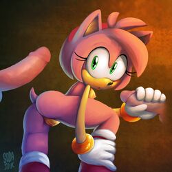 amy_rose anthro ass balls breasts disembodied_penis erection eyelashes female furry gloves green_eyes hairband hand_on_leg hand_on_penis handjob hedgehog looking_at_viewer male mammal nipples penis pussy sex sodajoik sonic_(series) straight