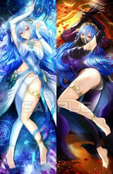 1girls ass asymmetrical_legwear azura_(fire_emblem) azura_(performing_arts)_(fire_emblem) bangs bare_shoulders barefoot blue_hair blush body_pillow breasts chains cuffs dakimakura dakimakura_design dancer dancer_outfit dress elbow_gloves eyebrows_visible_through_hair female fingerless_gloves fire_emblem fire_emblem_fates fire_emblem_heroes full_body gloves hair_between_eyes highres large_breasts long_hair looking_at_viewer mouth_veil mysterious_dancer nintendo panties parted_lips pussy sample shackles solo tongari underwear veil very_long_hair watermark white_dress white_gloves yellow_eyes