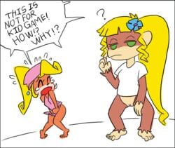 ? ?! anthro bandicoot barefoot blonde_hair bottomless breasts brown_fur clitoris closed_eyes clothed clothing coco_bandicoot confusion covering_body crash_(series) dixie_kong donkey_kong_(series) duo ear_piercing embarrassed english_text flower fur green_eyes hair half-closed_eyes hat long_hair mammal marsupial minus8 monkey nintendo open_mouth piercing plant ponytail primate pussy screaming shirt simple_background t-shirt tank_top tears text tied_hair video_games white_background