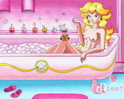 1girls 2007 arms artist_logo background bare_arms bare_legs bare_midriff bare_shoulders bath bathroom bathtub breasts bubbles candle candles clavicle color colored colored_background crown deadphoenx detailed_background female female_focus female_only human legs mario_(series) midriff navel nintendo nipples peach_(fruit) pink_footwear princess_peach shoulders slippers solo solo_female solo_focus straight_hair tagme video_games