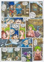 2girls 3boys blue_eyes blue_hair brown_eyes brown_hair clothing comic ebisumaru_(ganbare_goemon) ganbare_goemon goemon green_eyes green_hair headwear ninja passage robot rule_63 sasuke_(ganbare_goemon) smoking snow ushiwaka_(ganbare_goemon) winter yae_(ganbare_goemon) yuri