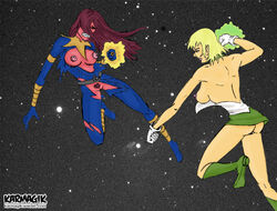 2girls arisia_rrab ass blonde_hair breasts catfight dc_comics female female_focus female_only green_lantern green_lantern_(series) green_lantern_corps karmagik karu-sil multiple_girls pubic_hair pussy sinestro_corps topless torn_clothes torn_clothing wwoec yellow_lantern