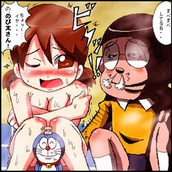 1girls artist_request breasts brown_eyes brown_hair censored character_censor doraemon female human japanese_text light-skinned_female light_skin nobita_nobi nude pigtails shizuka_minamoto short_hair text translation_request