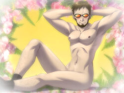 1boy 2d beard blush brown_hair censored circle_epion eyewear fabulous facial_hair flower gay gendo_ikari glasses gleam hairy_legs male male_only manly mosaic_censoring muscular muscular_male neon_genesis_evangelion nude penis pointless_censoring pose socks solo sunglasses tagme