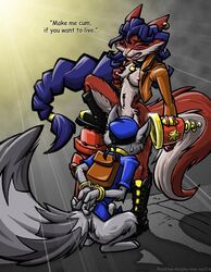 2003 andrew_murphy-mee anthro canine carmelita_fox female femdom fox fur furry gun male mammal raccoon shock_pistol sly_cooper sly_cooper_(series) smooth_fur straight tagme