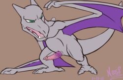 1boy 2015 3_toes aerodactyl belly brown_background claws erection fangs feet green_eyes grey_skin looking_away looking_down male male_only neos8 nintendo no_nipples nude open_mouth penis pokemon purple_skin scalie solo standing tail teeth text tongue watermark wings