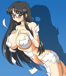 black_hair blue_eyes breasts color dissolving_clothes erect_nipples female female_only glasses graf_zeppelin highres huge_breasts human large_breasts long_hair paper read_or_die solo ta152_(graf_zeppelin) yomiko_readman