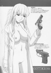 1girls franca gun guns gunslinger_girl medium_breasts navel open_robe pubic_hair robe solo tagme text