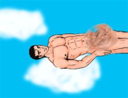 1boy abs animated black_hair clouds feet_out_of_frame flying helicopter-dick male_only meatspin muscular_male nude_male pecs spinning_penis tagme yaranaika