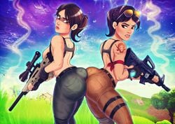 2girls armband ass ass_to_ass back breasts brown_eyes brown_hair bubble_ass camouflage covering_breasts dat_ass daytime eyewear female female_only fingerless_gloves firearm fortnite gloves grass gun headhunter_(fortnite) human long_hair looking_back outdoors pants ponytail ramirez_(fortnite) rifle shadman shoulder_tattoo sideboob smoking_gun standing sunglasses_on_head tall_grass tattoo text topless tree watermark weapon weapon_request