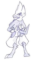 anthro ass back_view female female_only fur furry manectric monochrome nude pokémon_(species) pokemon pokemon_(species) solo standing tagme the_brave