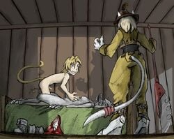 2d 2d_(artwork) anthro blonde_hair blonde_hair_male blonde_male caught_in_the_act claws clothed_male color colored colored_hair cuckold final_fantasy final_fantasy_ix freya_crescent furry grey_body grey_fur grey_tail nude_female nude_male penis sir_fratley straight_hair tagme tail tail_accessory walk-in white_hair zidane_tribal