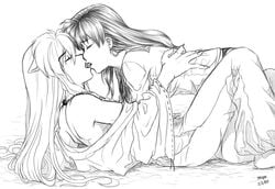 1boy 1girls 2005 animal_ears dog_ears female inuyasha inuyasha_(character) kagome_higurashi kissing male megu zyephen