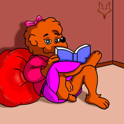 artist_request bear berenstain_bears blue_eyes cub dress no_panties pink_bow pink_hoodie reading_book showing_pussy sister_bear sitting_on_floor smiling tagme