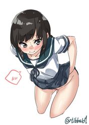 ass_visible_through_thighs bangs black_eyes black_hair blue_skirt blush collarbone cowboy_shot cropped_legs ebifurya eyebrows_visible_through_hair female fubuki_(kantai_collection) groin hand_in_own_skirt hand_in_skirt highres kantai_collection leaning_forward no_panties pleated_skirt ponytail pubic_hair pussy_juice school_uniform serafuku short_sleeves simple_background skirt solo speech_bubble spoken_blush sweat tied_hair twitter_username white_background