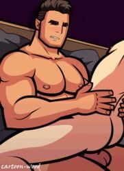 2boys anal_sex animated balls bara brown_hair closed_eyes cowgirl_position erect_nipples facial_hair gay gif grinning humplex lifting male_only muscle muscular pale-skinned_male riding_penis sitting_on_penis sitting_on_person straddling wincing yaoi