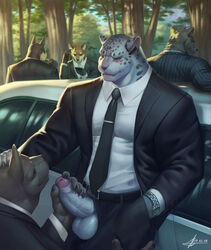 anthro balls canine car duo erection feline furry gay handjob humanoid_penis limousine male male_only mammal muscular open_mouth penis raccoon21 sex smile standing thick_penis uncut vehicle yaoi