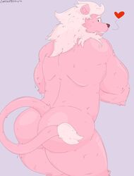 2016 anthro anthrofied ass back_muscles brown_nose bubble_butt cartoon_network feline fur heart hi_res lion lion_(steven_universe) looking_back male male_only mammal muscular muscular_male nude pink_fur pink_mane purple_background ringersoul simple_background smile smirk solo steven_universe tail_tuft thecaptainteddy triceps tuft