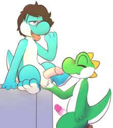 2boys balls blush dinosaur duo erection kneeling male male_only mammal mario_(series) multiple_boys neko3240 nintendo nude oral penis scalie simple_background sitting smile tongue white_background yaoi yoshi