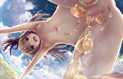 3: all_fours anus ass bangs blue_sky breasts brown_hair cloud cloudy_sky day dutch_angle eyebrows_visible_through_hair female hair_ribbon highres long_hair looking_at_viewer missile228 nipples nude ocean one_side_up open_mouth original outdoors peeing peeing_on_viewer pubic_hair purple_eyes purple_ribbon pussy ribbon sky small_breasts solo uncensored water water_drop watersports