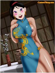 1girls areola asian big_breasts blush breasts busty cartoonvalley.com china_dress disney disney_princess earrings eyeshadow fa_mulan face_paint female female_protagonist helg hourglass_figure large_breasts lipstick looking_at_viewer mascara mulan nipple_slip nipples smile solo voluptuous