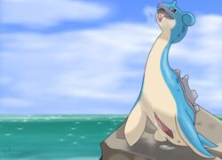 1boy anus belly big_penis blue_skin blush brown_eyes cum day erection fins heavy_breathing inside lapras looking_at_viewer male male_only marine nintendo nude open_mouth outdoors penis pokemon rhuanfps rock saliva sea shell shield sky smile solo stone tail text tongue tongue_out video_games water white_skin