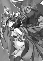 1monster bare_shoulders breasts bull_humanoid demon_girl fate/grand_order fate_(series) female horns japanese_clothes monochrome monster oni open_mouth petite restrained ribbon sex short_hair shuten_douji_(fate) stomach_bulge teenager vaginal_penetration wide_sleeves