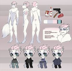 alcohol anthro balls beverage chibi cigarette clothed clothing ferret flaccid gun handgun humanoid_penis looking_at_viewer male mammal model_sheet mustelid nude penis pistol ranged_weapon smile solo standing teil weapon