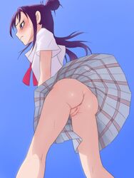 anus ass blue_background blush closed_mouth clothing embarrassed female from_below futari_wa_precure_splash_star long_hair mishou_mai muramura_hito no_panties partially_visible_anus precure pretty_cure profile purple_eyes purple_hair pussy pussy_juice short_sleeves simple_background skirt solo standing sweat uncensored underwear upskirt