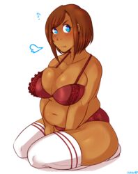 1girls bbw belly blue_eyes blush bob_cut bra breasts brown_hair brown_skin busty cameltoe chikkibug chubby clothed clothes dark-skinned_female dark_skin fat female female_only hands-free hands_between_legs heavy_breathing jane_(chikkibug) kneeling large_breasts lingerie looking_away original original_character overweight overweight_female panties plump red_bra red_panties sigh socks solo stockings stretch_marks sweatdrop tan_skin text thick_thighs thigh_highs thighhighs upset watermark white_legwear white_stockings white_thighhighs wide_hips